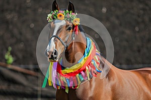 horse with a colorful neck wreath made of flowers and ribbons