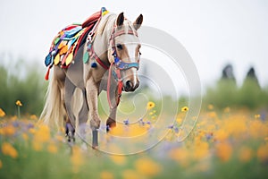 horse with colorful tack walking on a trail with wildflowers