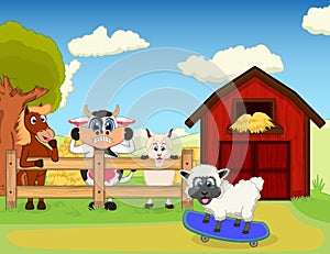 Horse, cow and goat watch sheep on skateboard cartoon