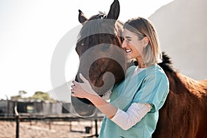 Horse doctor, care and hug outdoor at farm for health, smile and happy with love for animal in nature. Vet, woman and