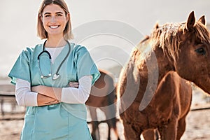 Horse doctor, portrait and woman with smile outdoor at farm for health, care or happy for love, animal or nature. Vet