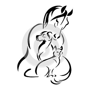 Horse, dog, cat protect each other. The design is suitable for the logo of organizations for the protection and care of pets