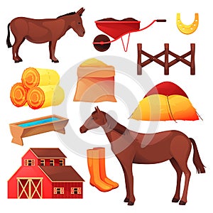 Horse and donkey cattle farm or ranch stable icons