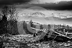 horse-drawn carriage in front of mountains panorama of Poland in ruins