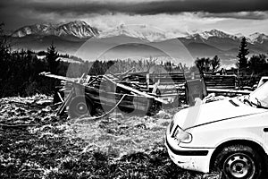 horse-drawn carriage in front of mountains panorama of Poland in ruins