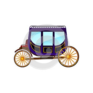 Horse-drawn carriage with large purple cab and big gold wheels. Vintage passengers transport. Flat vector icon of