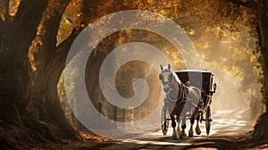 A horse-drawn carriage meandering through a tree-lined road