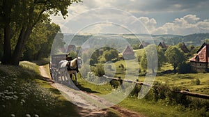 A horse-drawn carriage with a quaint village in the background