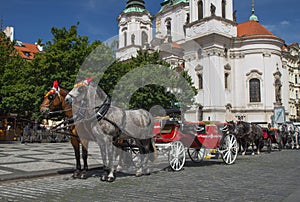 Horse-drawn carriage ready for tourists. (Prague, Czech Republic