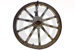 Horse-drawn carriage wheel . Wooden old horse-drawn carriage white background . The wheel of the horse-drawn carriage