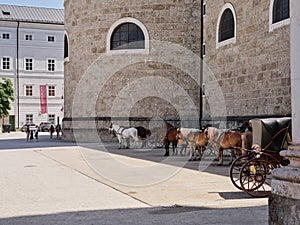 Horse-drawn carriages in the center of Salzburg, Austria