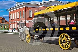 Horse-drawn carriages (omnibus) in Kolomna Kremlin - Russia - Mo