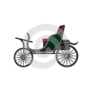 Horse-drawn open carriage with small green cab, red seat and big wheels. Flat vector icon of vintage vehicle for