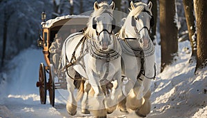 Horse drawn sleigh glides through snowy mountains, showcasing winter beauty generated by AI