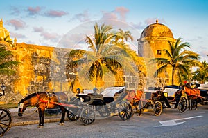 Horse drawn touristic carriages in the historic Spanish colonial city of Cartagena de Indias, Colombia