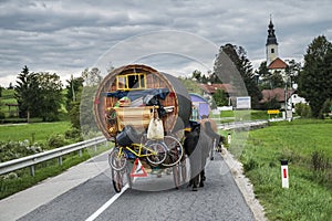 Horse drawn wagon on the road