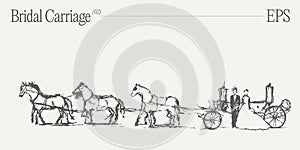 A horse-drawn wedding carriage carrying the bride and groom. Hand drawn vector illustration, sketch.