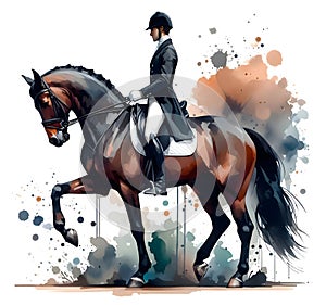 Horse. Dressage. Equestrian sport. Horseman in uniform riding horse. Watercolor paint. Banner. Close-up. White