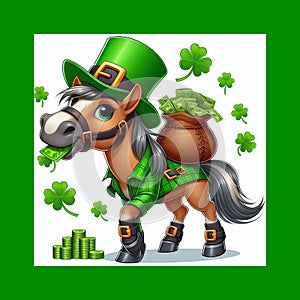 a horse, dressed as a leprechaun, wearing green tartan, carrying money in its mouth, in a green frame
