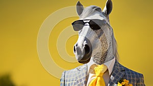 Horse dressed in businessmans suit and sunglasses. Humorous image