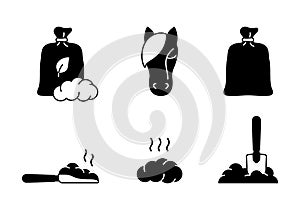 Horse dung silhouette icons set. Outline bag, scoop, shovel, pile. Black illustration of organic manure, plant fertilizer for