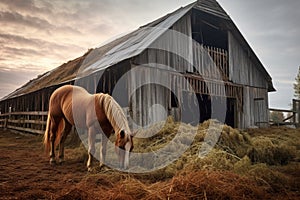 horse eating hay near old rustic barn