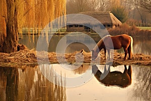 horse eating hay near a tranquil pond