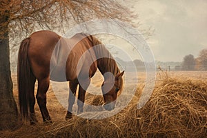 horse eating hay in a tranquil meadow