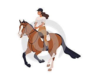 Horse, equine rider, riding horseback. Happy woman, girl equestrian on galloping stallion. Horseriding activity