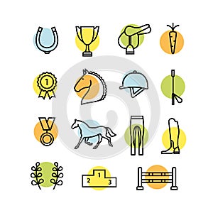 Horse equipment icon set color thin line