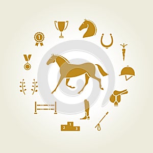 Horse equipment icon set gold