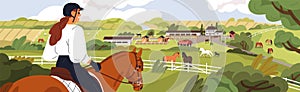 Horse farm outdoors landscape. Equine field, ranch scenery panorama with stallions, stalls, stables, grass pasture in