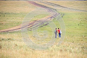 Horse farm pasture with mare and foal. Summer landscape with green hills