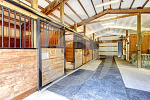 Horse farm stable shed interior.