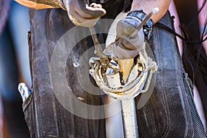 Horse farrier at work - trims and shapes a horse`s hooves using farriers pincers, rasper and knife. The close-up of horse hoof