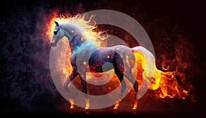 Horse in fire cosmic space. gnerative ai.