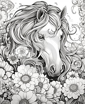 Horse and Flowers. Coloring page for the adult coloring book