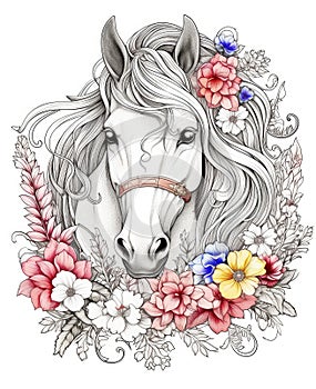 Horse and Flowers. Coloring page for the adult coloring book