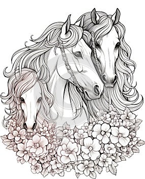 Horse and Flowers. Coloring page for the adult coloring book