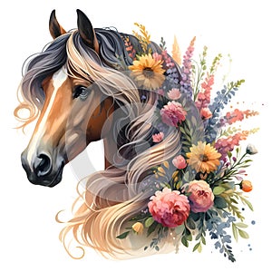 Horse. Flowers. Head. Portrait. Watercolor. Isolated illustration on a white background. Banner. Close-up. Generative AI