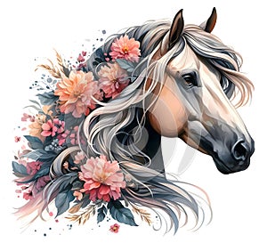 Horse. Flowers. Head. Portrait. White Horse. Watercolor. Isolated illustration on a white background. Banner. Close-up