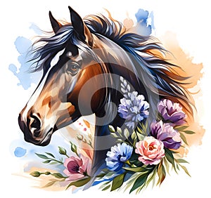 Horse. Flowers. Head. Stallion. Portrait. Watercolor. Isolated illustration on a white background. Banner. Close-up