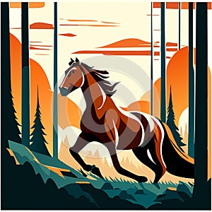 Horse in the forest on the background of the sunset. Vector illustration Generative AI