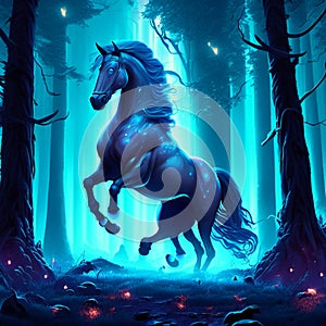 Horse in the forest. Fantasy scene. 3D rendering. Generative AI