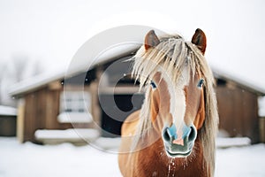 horse with frosted mane standing near a snowy barn