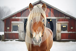 horse with frosted mane standing near a snowy barn