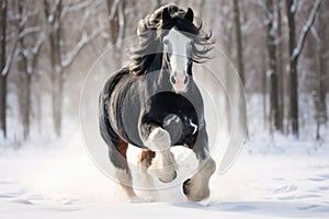 Horse gallop in snow in winter landscape