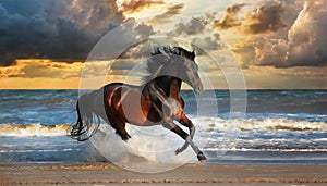 horse galloping on the beach at sunset. AI Generated