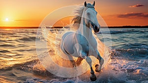 Horse galloping on beach at sunset, serene backdrop with ample space for text or design elements