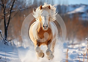 Horse galloping gracefully in the snow. Winter time. AI generated